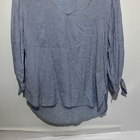 H&M L.O.G.G Women's Blue White Pinstripe Tie Sleeve V-Neck Blouse Size 6 - Picture 2 of 11